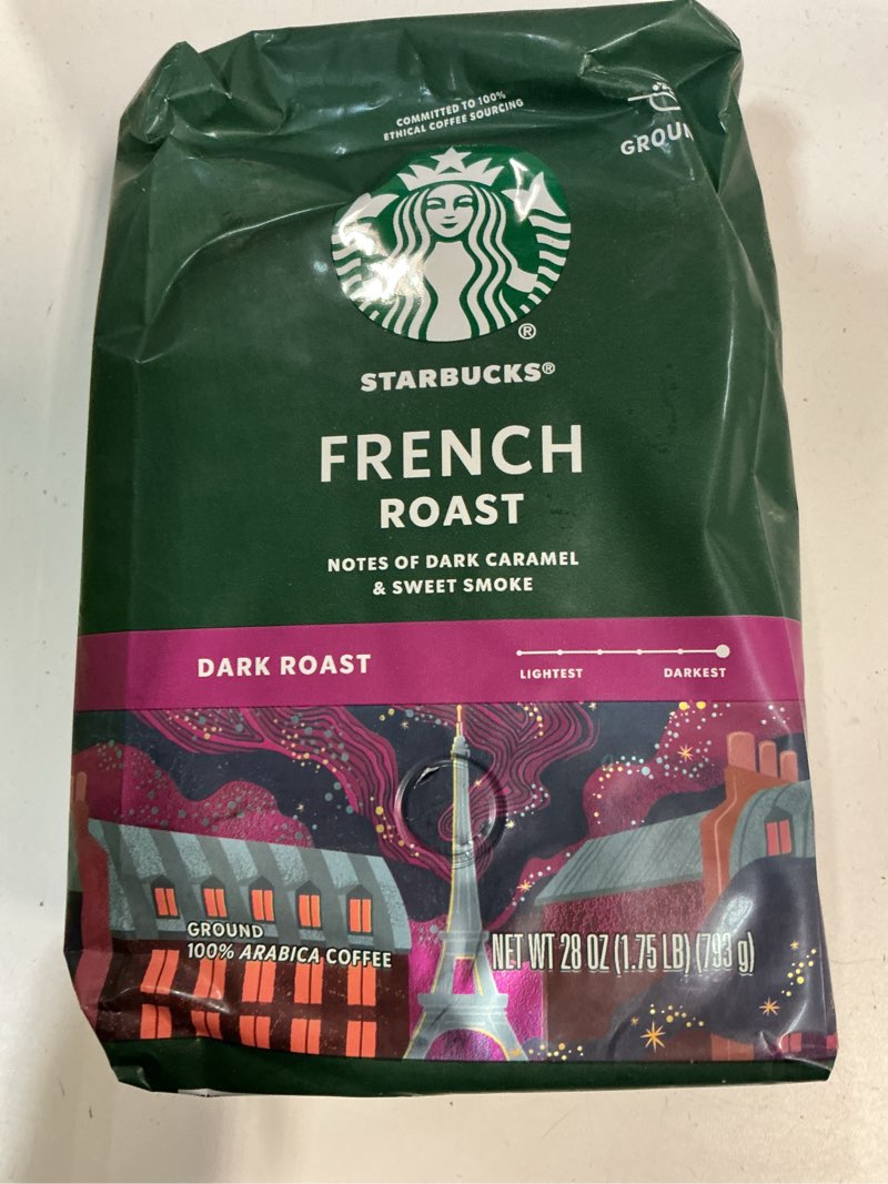 Condition photo showing New/Like New for best by 12/18/25 starbucks ground coffee, dark roast hot or iced coffee, french roast, 28 oz french roast 1.75 pound (pack of 1)