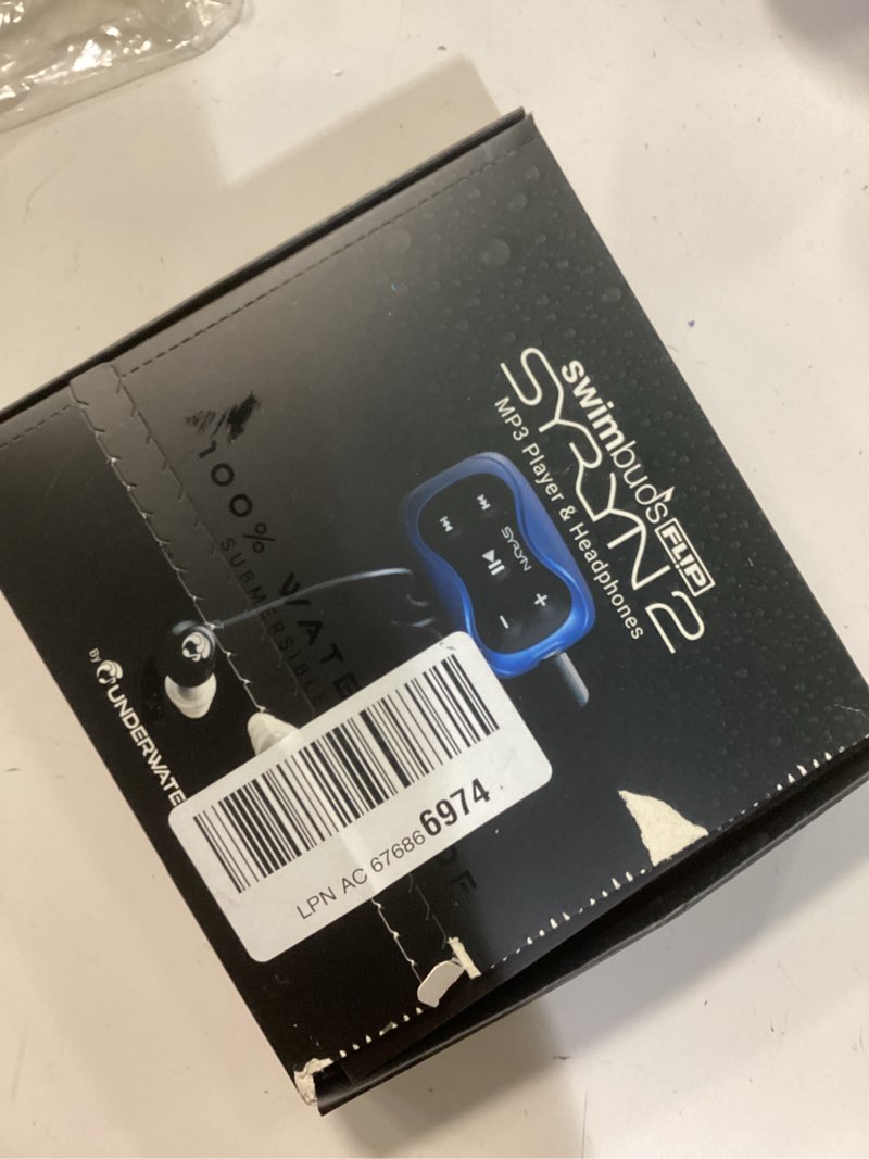 Condition photo showing New/Like New for 100% waterproof syryn swimbuds flip bundle for swimming with music | enjoy up to 2,000 songs or 138 hours of audio | drag and drop mp3, aac, m4a, flac using pc or mac | no apple music, no spotify