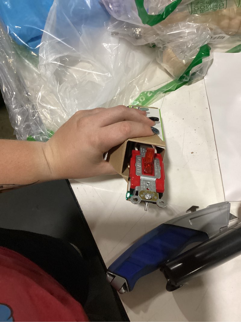 Condition photo showing New/Like New for leviton 20-amp, 120 volt, toggle pilot light, illuminated on, req. neutral, 3-way ac quiet switch, extra heavy duty grade, self grounding, back and side wired, 1223-plr, red