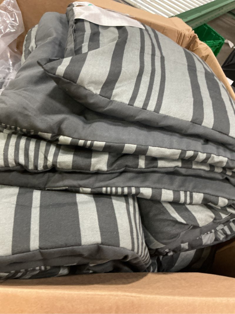 Condition photo showing As Is for amazon basics 5-piece lightweight microfiber comforter set with sheets, bed-in-a-bag, gray calvin striped bedding, twin/twin xl 1-pack twin/twin xl gray calvin stripe