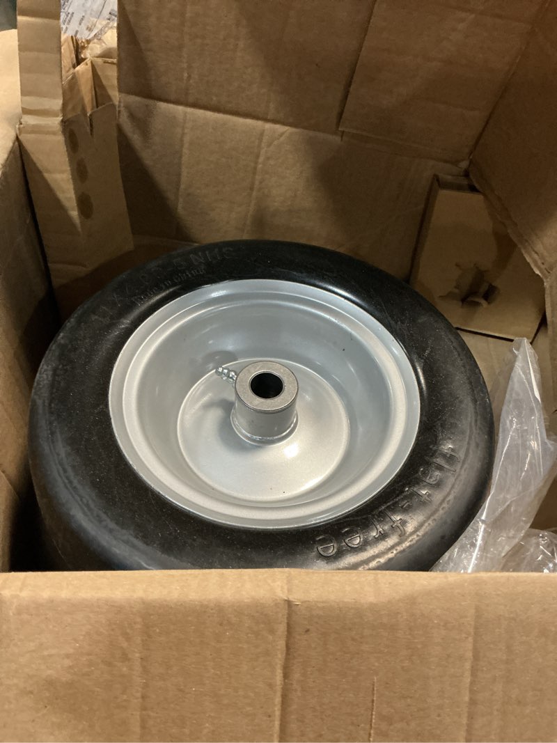 Condition photo showing As Is for 2 pcs 11x4.00-5" lawn mower tires flat free,3/4" 5/8" 1/2" bushing,3.4"-4"-4.5"-5" centered hub,universal fit smooth tread tire for zero turn lawn mowers, with universal adapter kit (gray rim) universal bushing adapter (3/4", 5/8", 1/2") gray rim