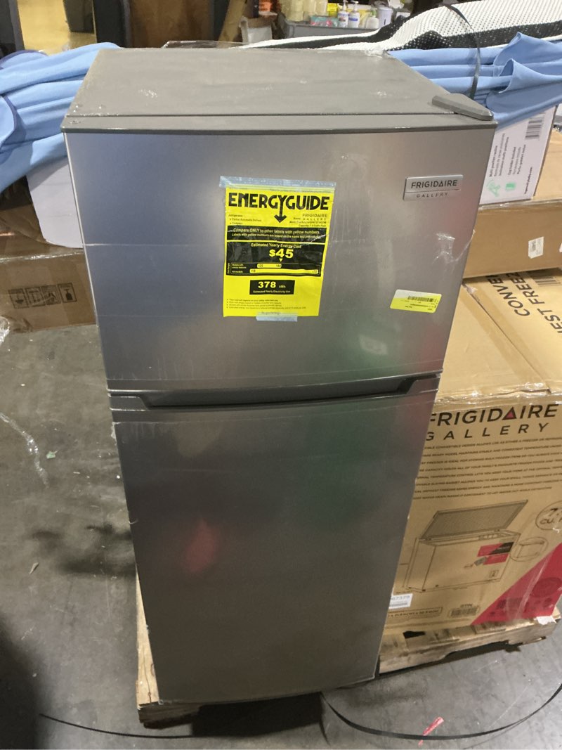 Condition photo showing As Is for frigidaire gallery top mount refrigerator, 7.5 cu ft, stainless steel