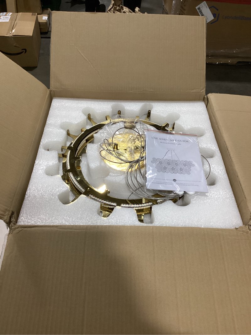 Condition photo showing As Is for TOCHIC Modern Glass Chandelier 24", 3 Tiers Luxury Gold Ceiling Light Fixtures for Dining Room, Farmhouse Foyer Chandeliers Round Pendant Hanging Light for Living Room, Kitchen Island, Bedroom 24 inch