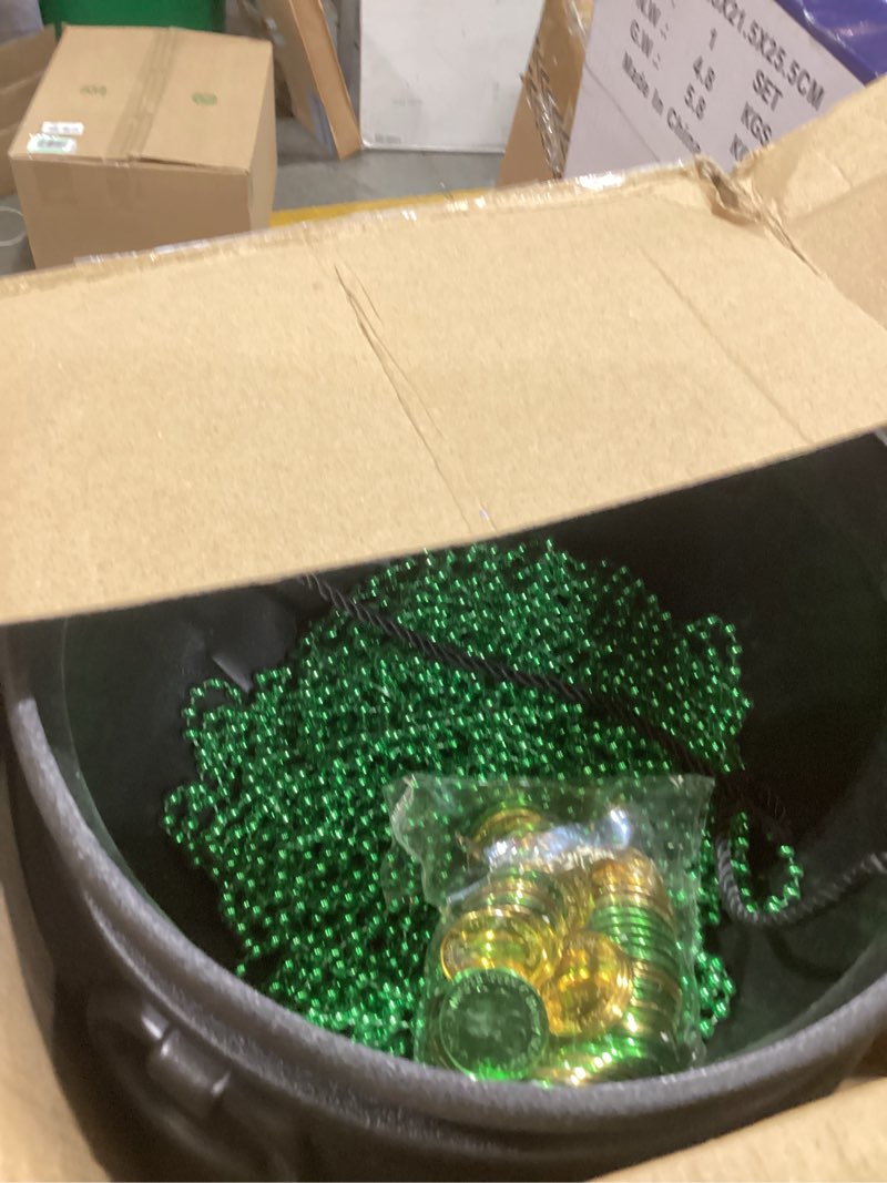Condition photo showing Good Condition for giftexpress st. patrick's day pot of gold set - 12" black cauldron bucket with handle, 72 shamrock coins (36 gold + 36 green) & 36 green bead necklaces for party favors, treasure hunt