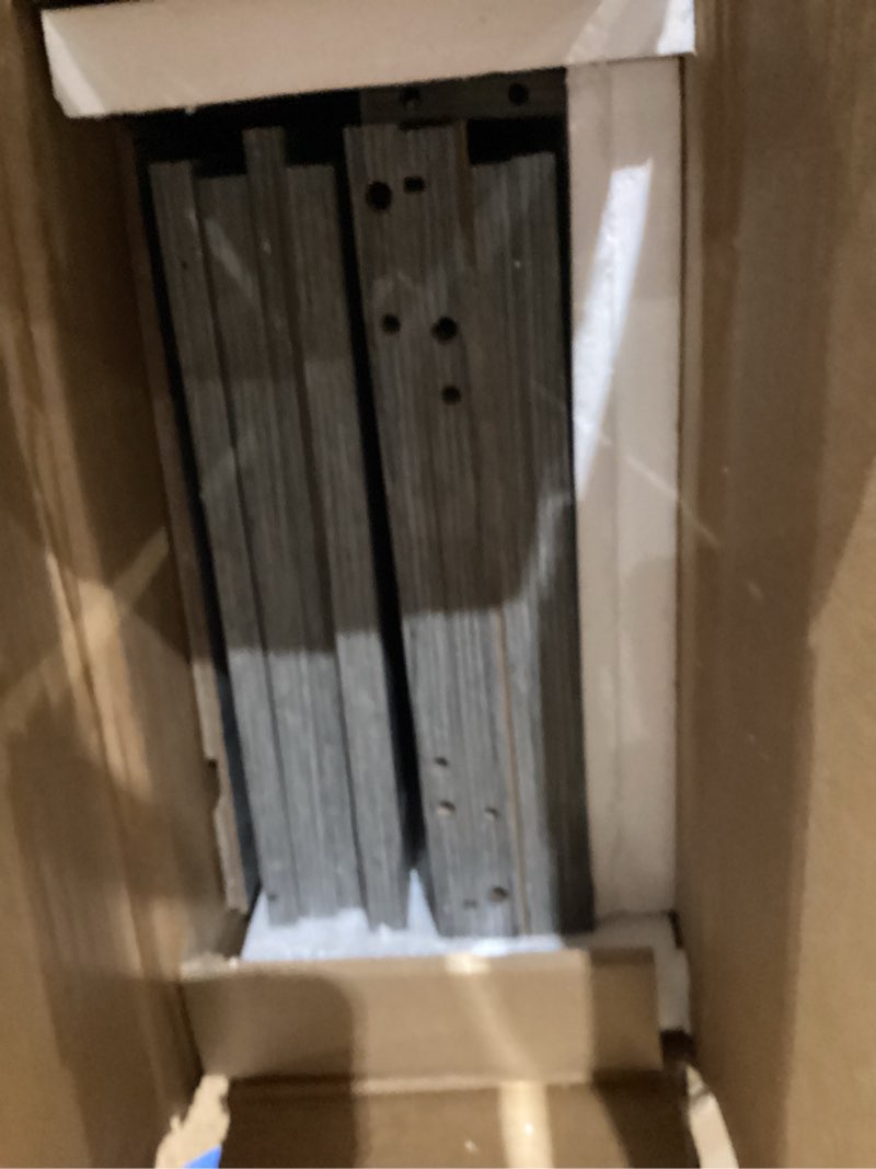 Condition photo showing As Is for INCOMPLETE, MISSING PARTS AS IS!!!   WEENFON Bathroom Cabinet, Storage Cabinet with 2 Adjustable Drawers & 2 Barn Doors, Standing Cupboard with 2 Shelf, Floor Cabinet for Living Room, Home Office, Kitchen, Grey