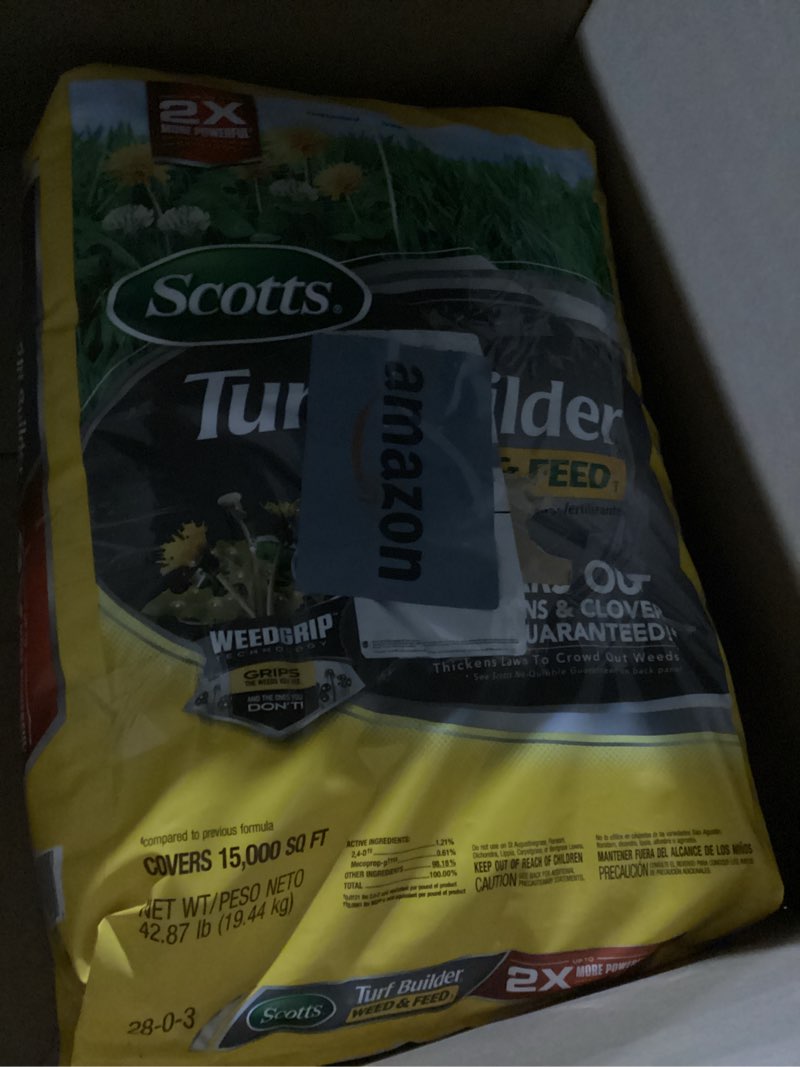 Condition photo showing New/Like New for scotts turf builder weed and feed3 - weed killer plus lawn fertilizer, controls dandelion and clover, grass fertilizer for up to 15,000 sq. ft., 42.87 lbs.