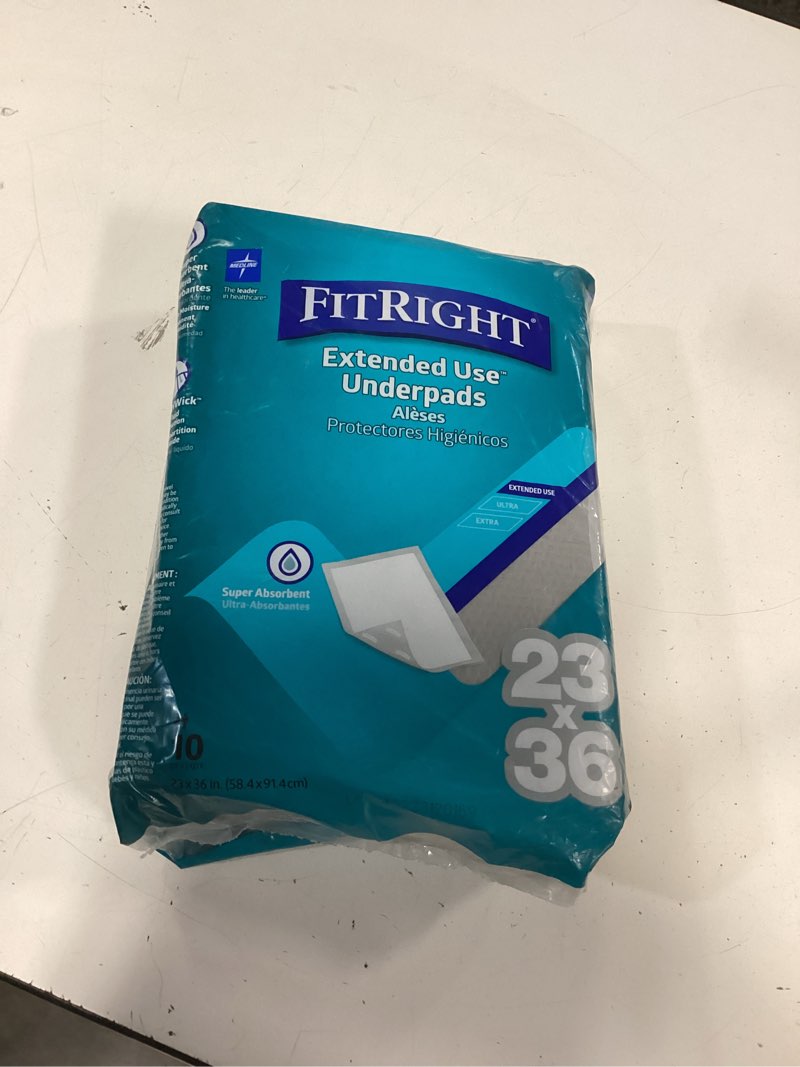 Condition photo showing As Is for fitright extended use disposable underpads for incontinence protection, 23\" x 36\", 70 count incomplete