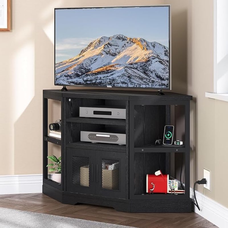 yitahome corner tv stand for tvs up to 55/50 inch with power outlet, modern farmhouse entertainment center, wood tv media console with storage cabinets shelves for living room, 47" black