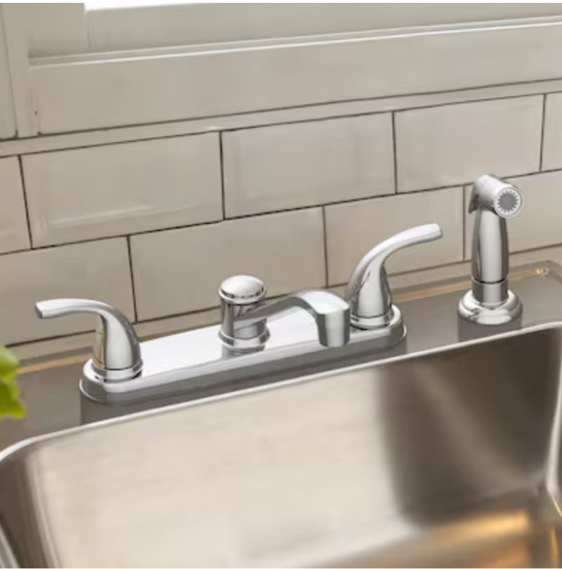 dover chrome double handle low-arc kitchen faucet with deck plate and side spray