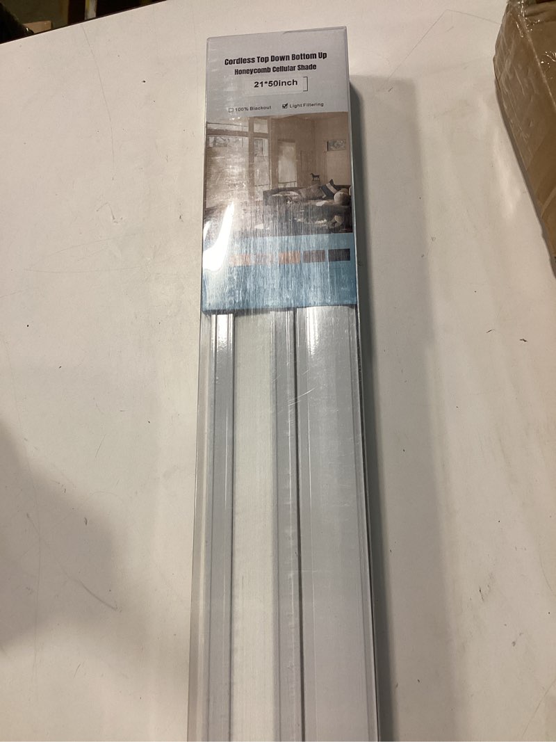 Condition photo showing As Is for cordless top down bottom up honeycomb cellular shade measuring 21x50