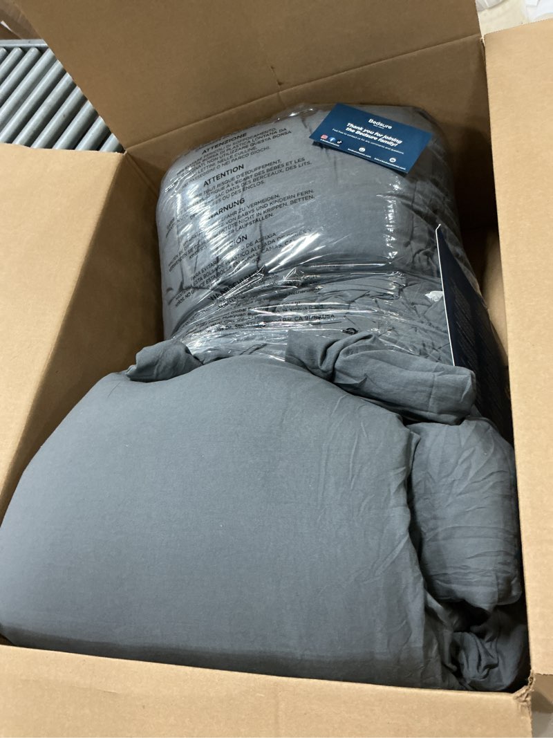 Condition photo showing As Is for Bedsure Super King Size Comforter Set, Dark Grey Soft Prewashed Bedding for All Seasons, 3 Pieces Ge