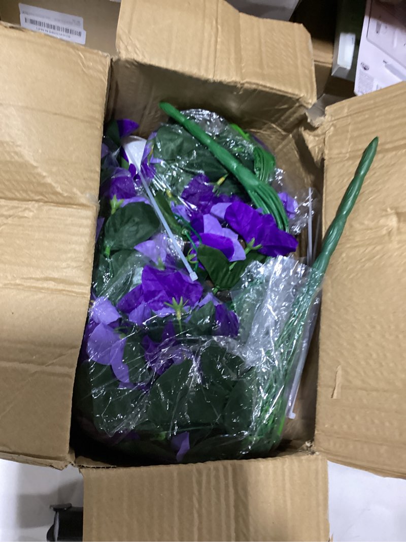 Condition photo showing New/Like New for artificial bougainvillea faux flowers plants baskets for outdoor outside decoration, 3pcs fake silk flowers long trailing vines uv resistant realistic for front door porch patio (double purple)