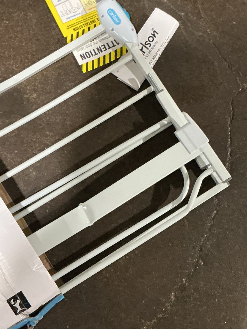 Condition photo showing As Is for carlson pet products 31"h extra-wide walk through metal dog pet gate, with additional small door, white