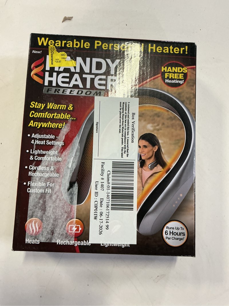 Condition photo showing New/Like New for handy heater freedom, wearable ceramic heater, rechargeable usb