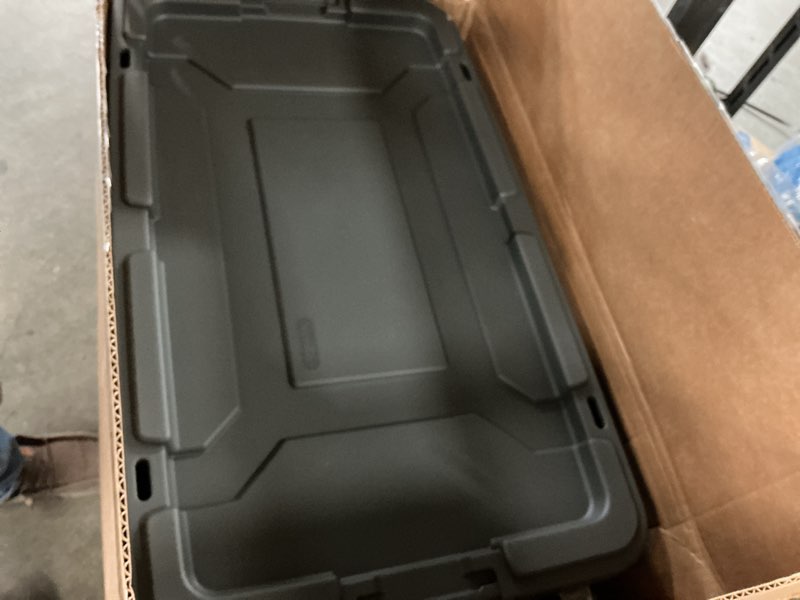 Condition photo showing As Is for 2 pack) sterilite 160 quart extra-large wheeled storage bin, clear storage container with latch lid and pull handle, durable, dark gray