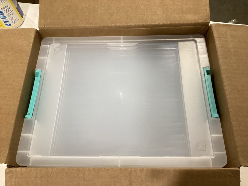 Condition photo showing Good Condition for IRIS USA 12 Qt. Plastic Storage Bins Containers with Lids, 4 Pack, Small Sensory Bin, Craft Storage, Craft Organizers & Storage, Organizing Container for Home, Office & Art Supplies, Stackable, Clear 12 Qt. - 4 Pack