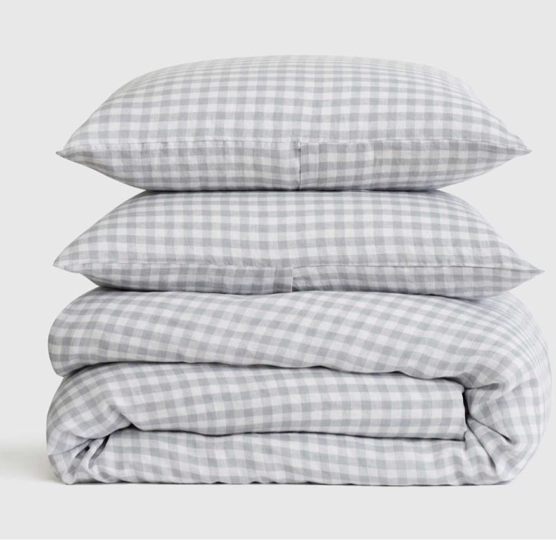 quince european linen gingham duvet cover queen  set of 3 pcs /blue fog