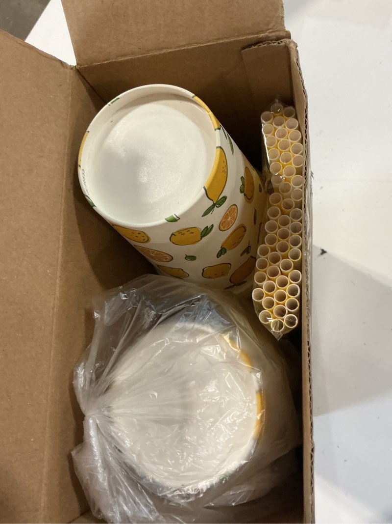 Condition photo showing New/Like New for tessco 150 pieces/ 50 sets lemonade cup with lids and paper straws 12oz disposable iced coffee paper summer lemon citrus cold cup for fruit party iced coffee cold beverages drinks juices lemon style 12oz