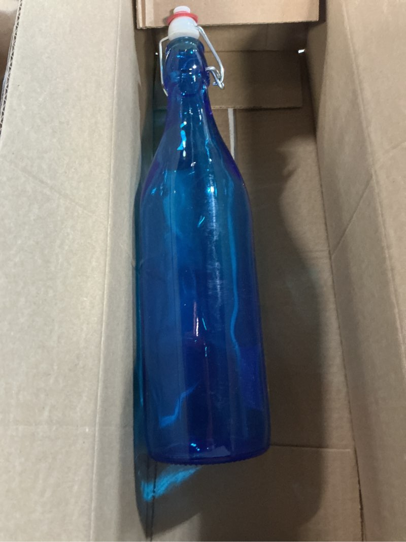 Condition photo showing New/Like New for Bormioli Rocco Giara Beverage Bottle with Clamp Lid, 33.75 oz - Leakproof Glass Container for Homemade Juices & Dressings - Stylish Drinkware Storage for Kitchen/Restaurant - Made in Italy (Blue)