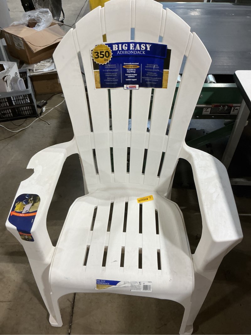 Condition photo showing As Is for small crack in arm  adams manufacturing big easy adirondack chair stackable white plastic frame stationary adirondack chair with slat seat