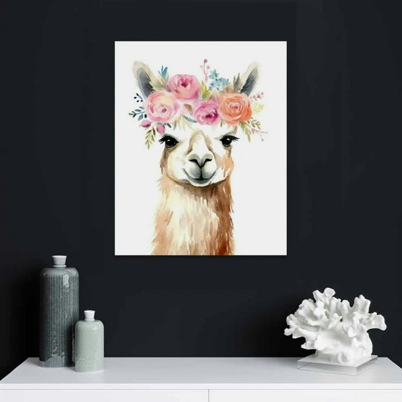 Llama Nursery Wall Art Llama with Flower Canvas Art Llama Pictures Wall Decor Coloring Alpaca Artwor