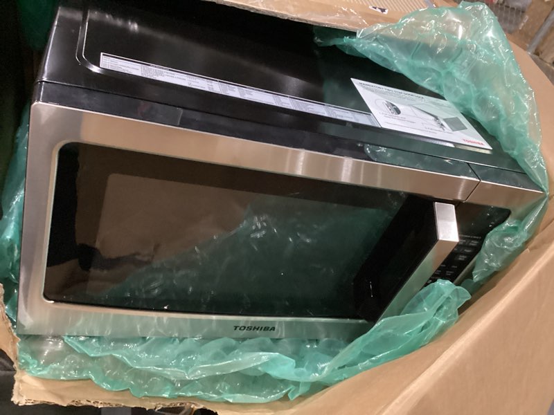 Condition photo showing As Is for toshiba em131a5c-ss countertop microwave ovens 1.2 cu ft with 12.4\" removable turntable smart humidity sensor, 12 auto menus mute function eco mode easy clean interior, 1000w, silver 1.20 cu.ft, not tested