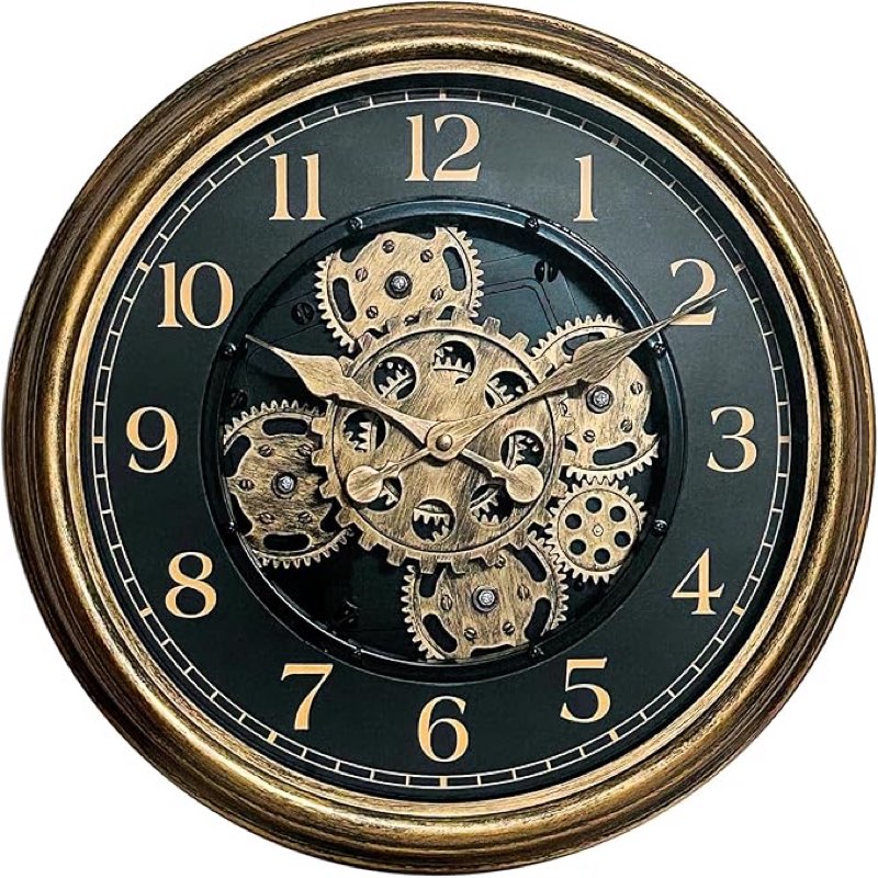 lily's home 15" moving gears wall clock, large modern clocks for living room decor, industrial steampunk vintage decorative wall clock for home, office - intricate gear design, bold numbers (silver)