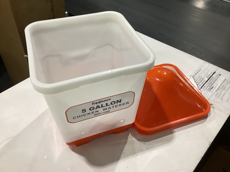 Condition photo showing New/Like New for eggluuz 5 gallons chicken waterer bucket with chicken water cups, adjustable legs and anti-roost cone