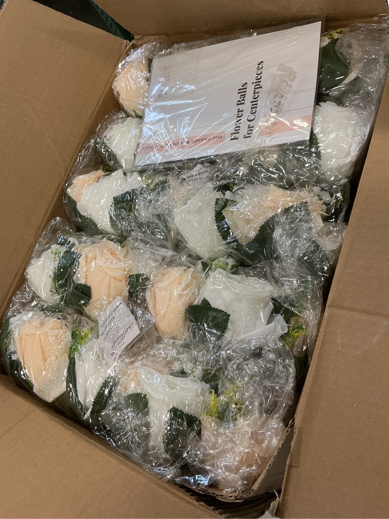 Condition photo showing Good Condition for Pcs of 10 Fake Flower Ball Arrangement Bouquet,15 Heads Plastic Roses with Base, Suitable for Our Store's Wedding Centerpiece Flower Rack for Parties Valentine's Day Home Décor (Champagne & White) 10 Pcs Peachy Champagne & White
