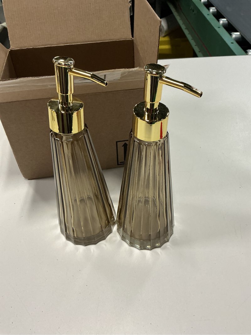 Condition photo showing Good Condition for MyGift 2 Pcs Vintage Soap and Lotion Dispenser Set, Smoked Glass and Brass Liquid Pump Dispenser with Vertical Ribbed Design
