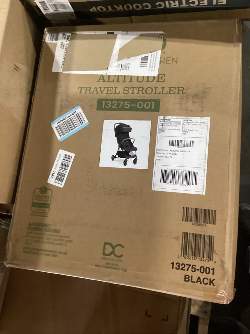 Condition photo showing New/Like New for jeep altitude compact travel stroller by delta children greenguard gold, easy one hand fold, lightweight, extendable canopy with peek-a-boo window, reclining seat, 4 wheel suspension, black