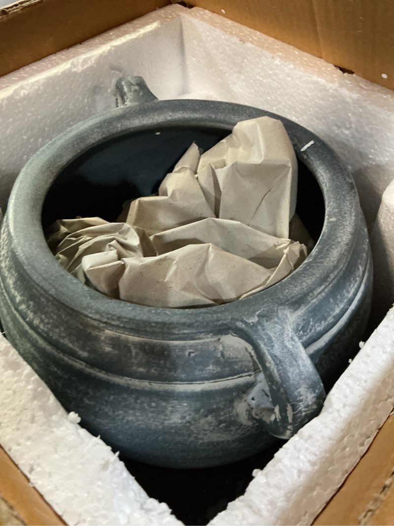 Condition photo showing Good Condition for Signature Design by Ashley Meadie Traditional Indoor Terra Cotta Tabletop Vase with Handle and Wide Mouth, Blue 9"W x 10"D x 9"H Blue
