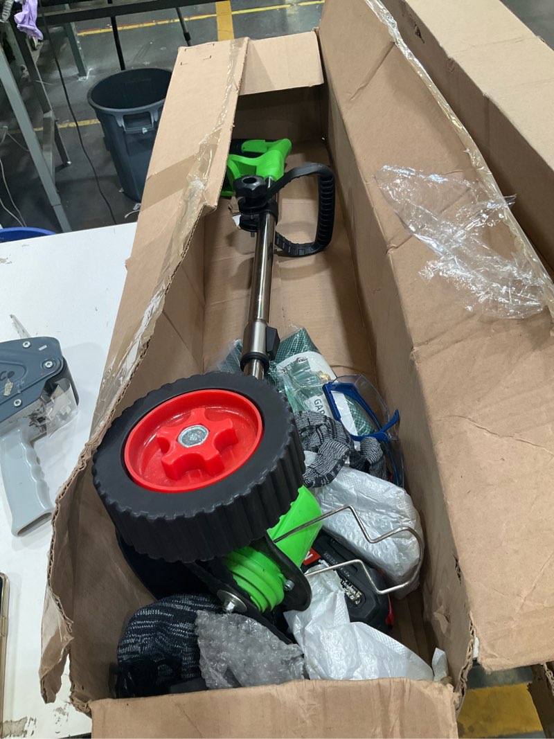 Condition photo showing As Is for 21v electric weed eater battery powered weed wacker, cordless string trimmer with 2 battery operated&wheels&metal blades, lightweight 4 in 1 grass trimmer/brush cutter/lawn edger/mower for garden yard