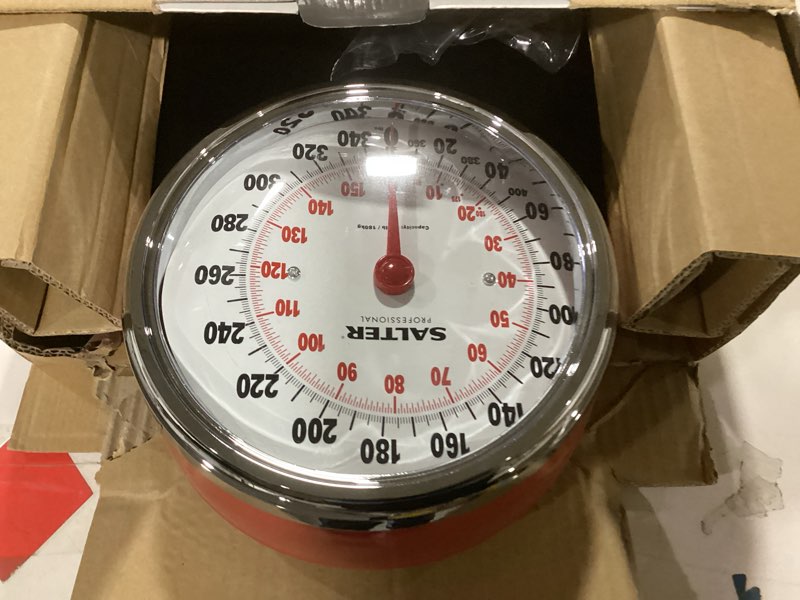 Condition photo showing As Is for Salter Pro-Helix Professional Oversized Bathroom Scale with Black/Red Powder-Coated Steel Coated Base, Anti-Slip Bath Mat, 400 LB Capacity, Analog Scale, 18.25 x 13.0 Inch, Black/Red