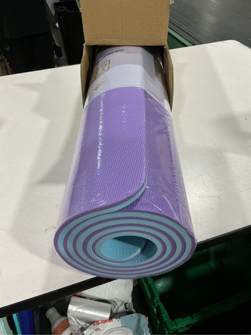 Condition photo showing Good Condition for hatha yoga extra thick tpe yoga mat - 72"x 32" thickness 1/2 inch -eco friendly sgs certified - with high density anti-tear exercise bolster for home gym travel & floor outside purple/green