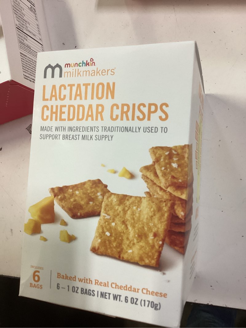 Condition photo showing New/Like New for munchkin® milkmakers® lactation cheddar crisps for breastfeeding moms with oats and flax, 6 count cheddar crisps 6 ounce (pack of 1)