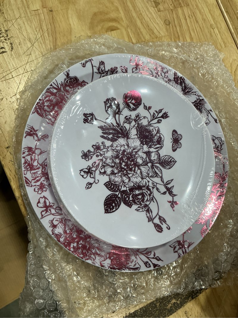 Condition photo showing New/Like New for fysuimu 40pcs pink floral plastic plates vintage flower reusable plate chinoiserie dinner dessert plates for mother's day birthday baby shower party supplies table decor pink color