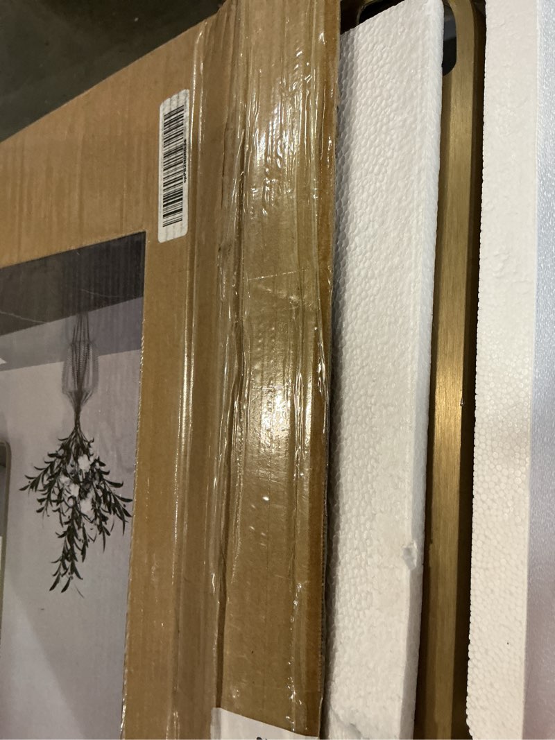 Condition photo showing New/Like New for loaao 22”x30” gold bathroom mirror, rounded rectangle gold frame mirror, brushed gold bathroom vanity mirror wall-mounted, anti-rust, hangs horizontally or vertically gold 22"l x 30"w