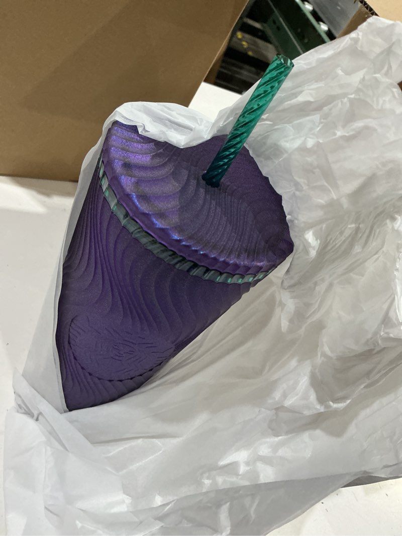 Condition photo showing New/Like New for pack of 4 starbucks wavy plastic cold cup, 24 oz, reusable tumbler with straw and lid, textured wave design, bpa-free, purple with embossed siren logo(pack of 4)