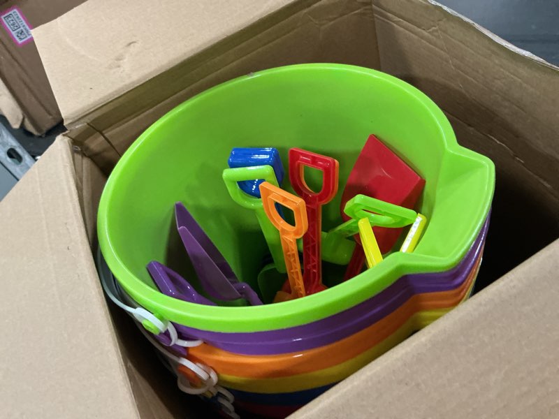 Condition photo showing Good Condition for 12 set beach sand buckets and shovels set includes 9 inch large sand buckets and shovels beach pails toys for kids for summer theme party favors summer game (6 colors) 6 colors 12