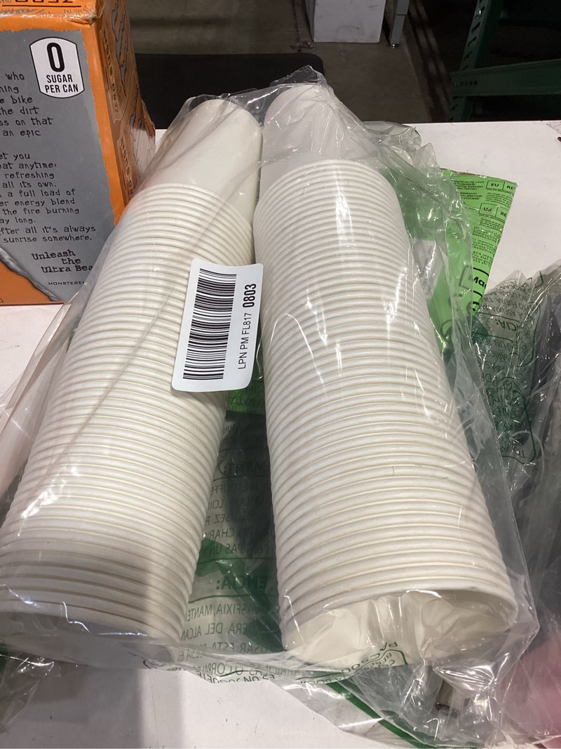 Condition photo showing As Is for coffee cups, 100 count 12 oz paper cups, disposable cups for hot and cold, disposable coffee cups for office home party