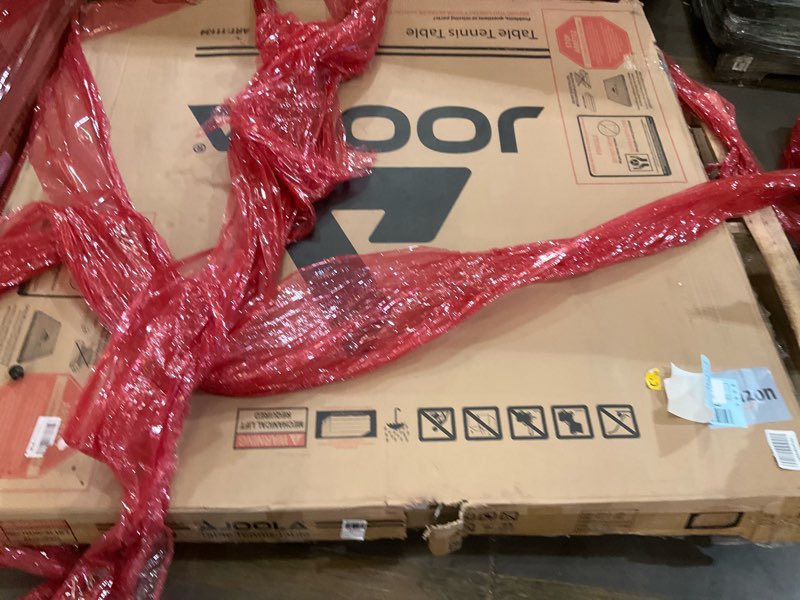 Condition photo showing As Is for joola outdoor table tennis table - multi use conference table dining table - concrete wood look includes steel outdoor ping pong net set & frame - hybrid indoor outdoor ping pong table rally outdoor