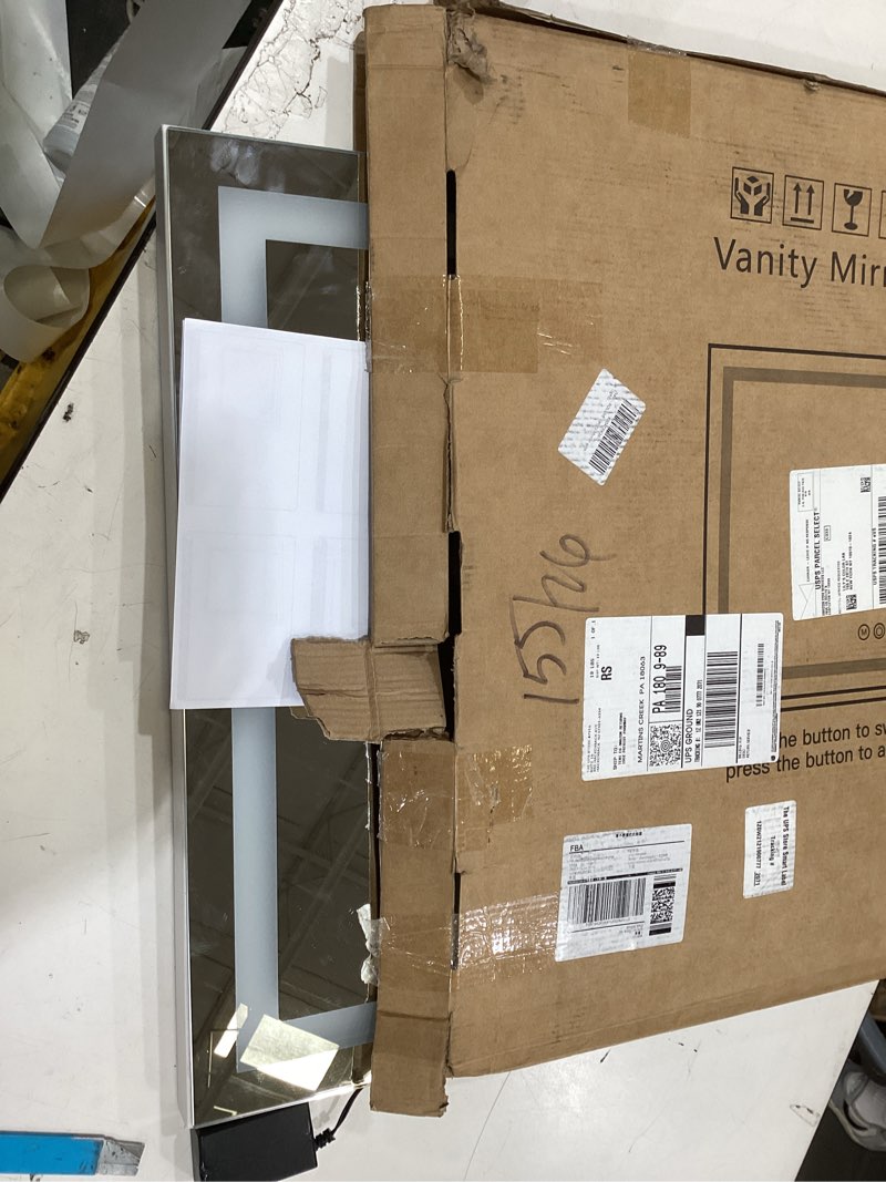 Condition photo showing As Is for rolove vanity mirror with lights, 32" x 22" large lighted vanity mirror with dimmable 3 modes, led makeup mirror, usb charging port, tabletop or wall-mounted square white white 32"l x 22"w
