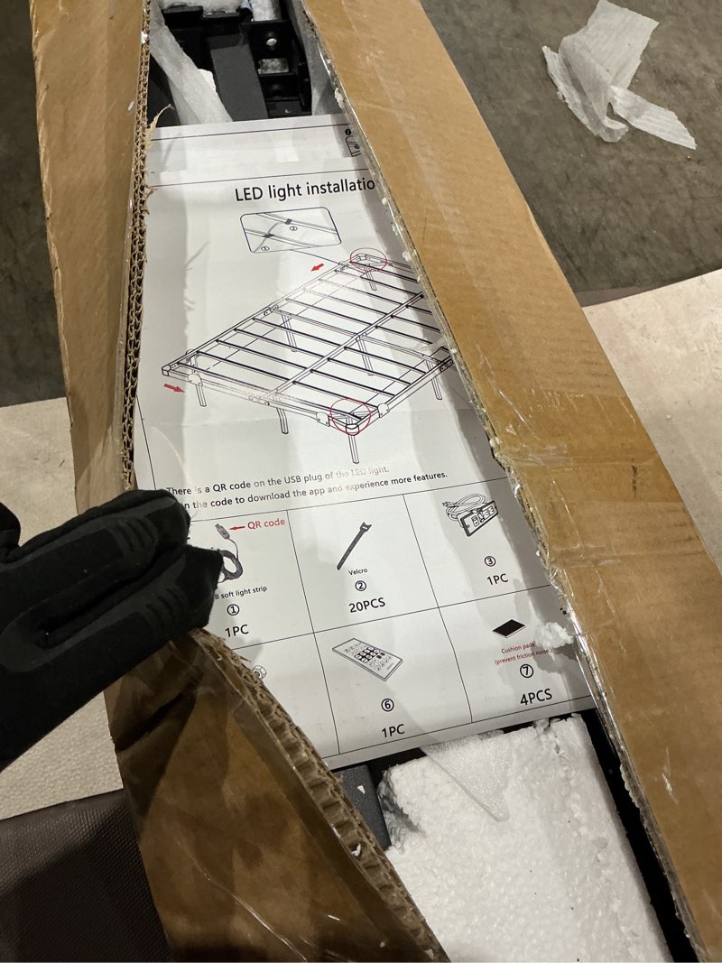 Condition photo showing As Is for olixis metal queen bed frame - high with storage space, no box spring needed with sturdy steel slat support, 2200lbs heavy duty for easy assembly, black for bedroom queen size