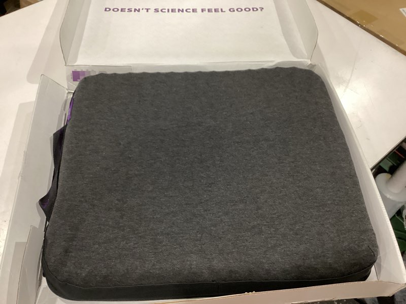 Condition photo showing New/Like New for purple back cushion | pressure reducing grid designed for ultimate comfort | designed for chairs, gaming, and travel | made in the usa