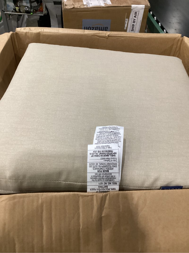 Condition photo showing As Is for arden outdoor midback chair cushion, 18 x 16.5, tan leala