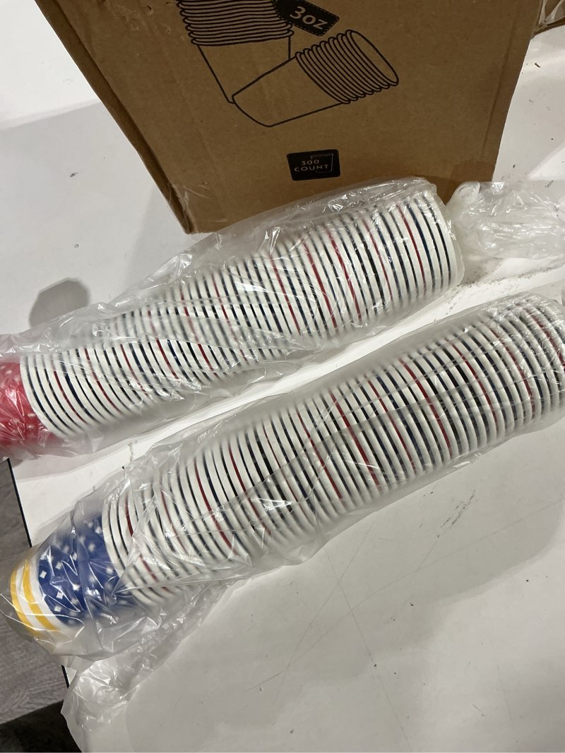 Condition photo showing Good Condition for 300 pack 3 oz disposable paper cups, small mini bathroom cups, 3 oz mini mouthwash cups for kids drinking, bathroom, supermarket, party, picnic, bbq, bulk sample use (mixed colors)