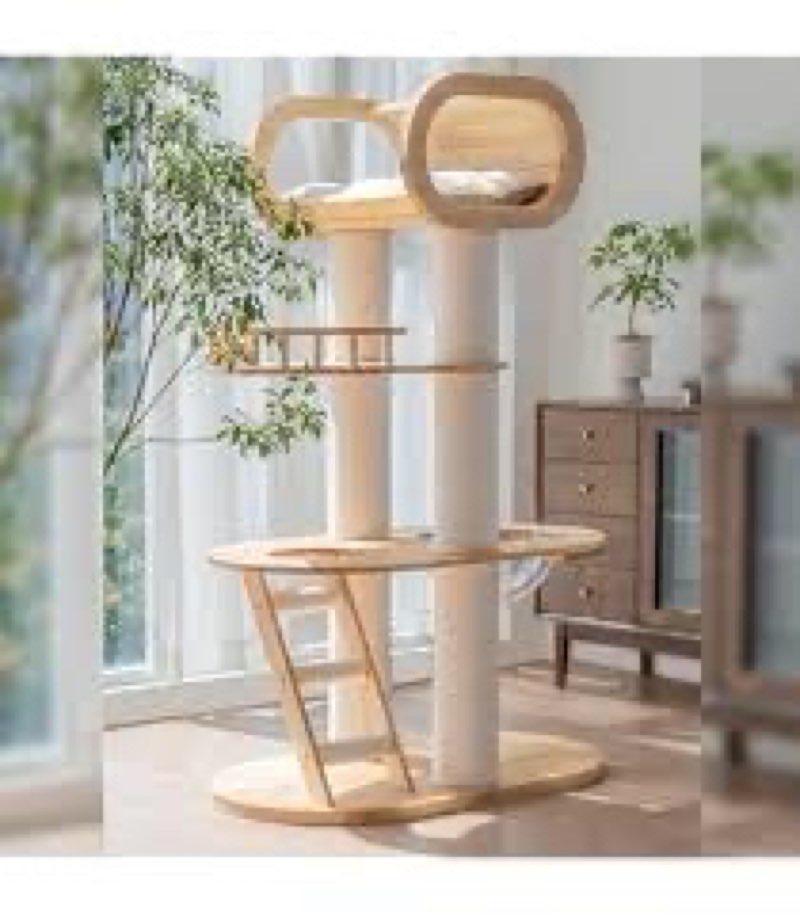 63.6\" Modern Cat Tree Indoor, Solid Wood Cat Tree with Scratching Post for Multi-Cat Families, Tall Cat Tower with Auxiliary Stairs, Huge Condo for Large Cats