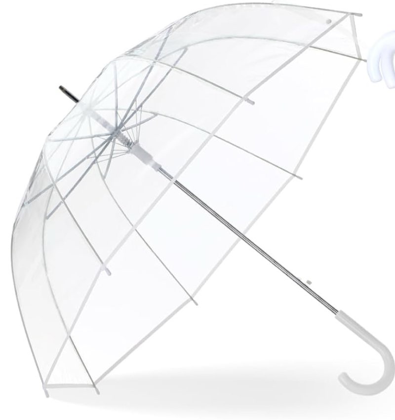 3 Pcs Wedding Clear Bubble Umbrella Bulk 52 Inch Large Dome Rain Windproof Stick Umbrellas with Thank You Tags and Rope for Weddings Prom Graduation and Outdoor Events White