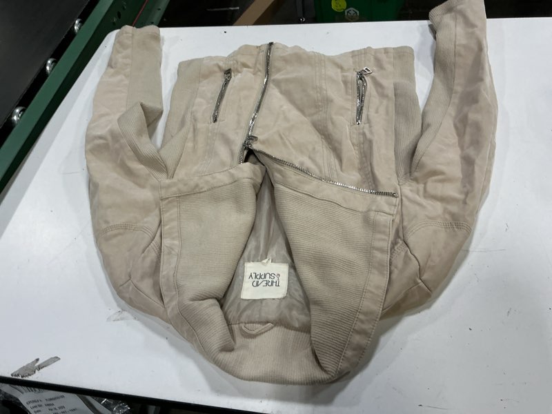 Condition photo showing Good Condition for levi's women's faux leather motocross racer jacket (standard and plus) large oyster